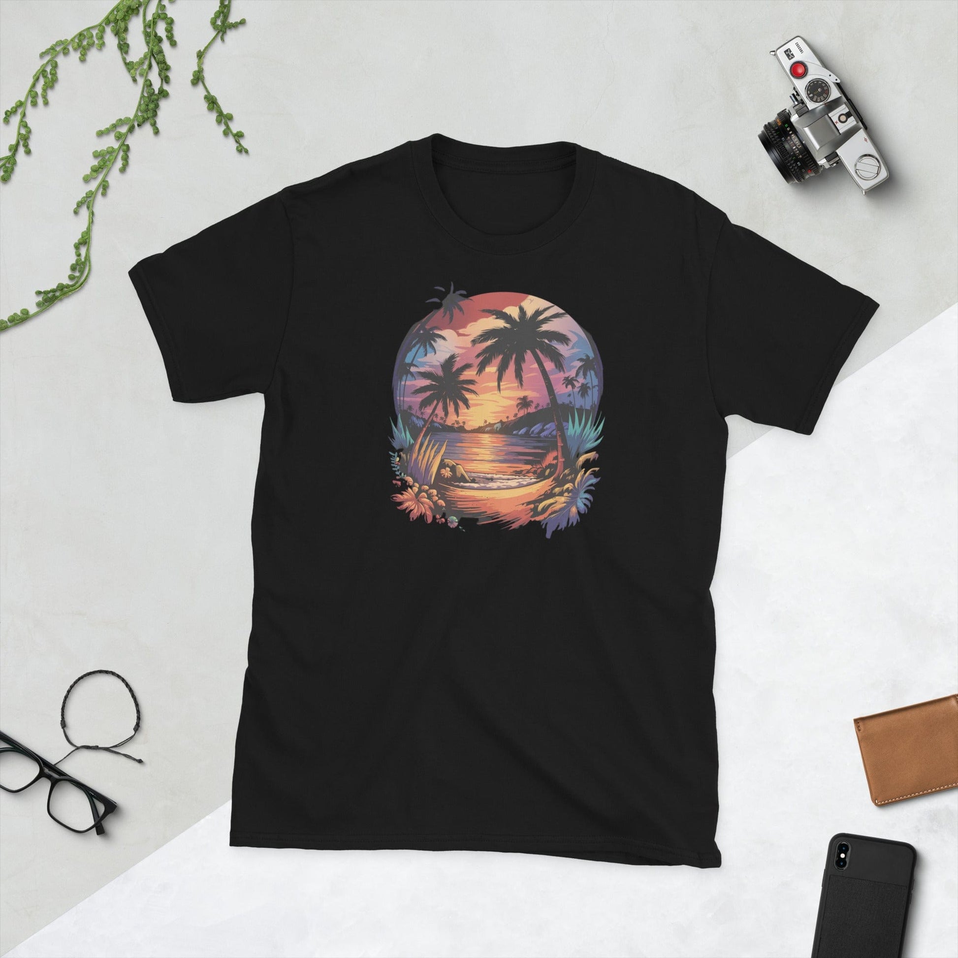 Padres Mágicos Black / S Camiseta "Paraíso Tropical" - 100% Algodón con Diseño de Atardecer Exótico