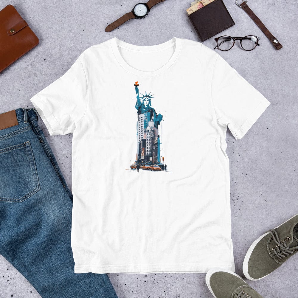 Padres Mágicos Blanco / S Camiseta Artística "Estatua de la Libertad en la Ciudad" - Diseño Urbano