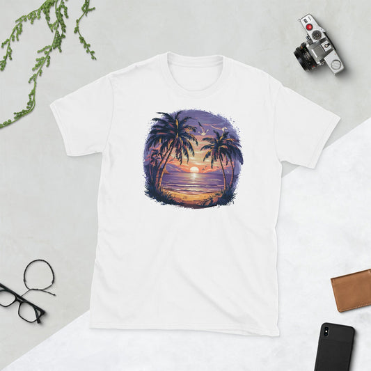 Padres Mágicos Blanco / S Camiseta Atardecer Tropical con Palmeras - Diseño Relajante y Exótico