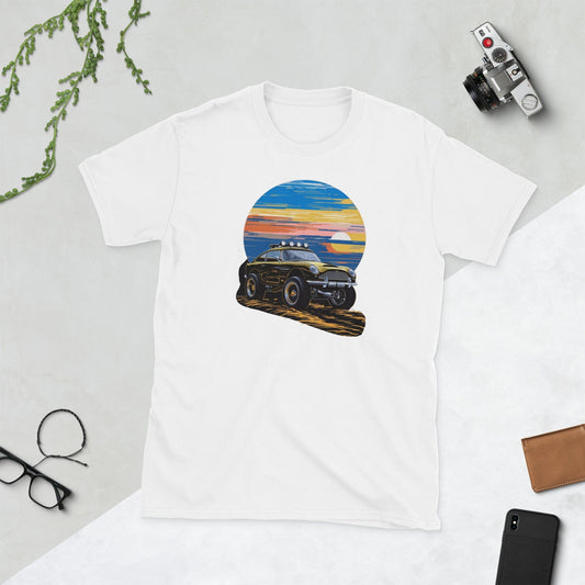 Padres Mágicos Blanco / S Camiseta "Aventura en el Atardecer" - Arte Retro en 100% Algodón para Amantes de los Coches