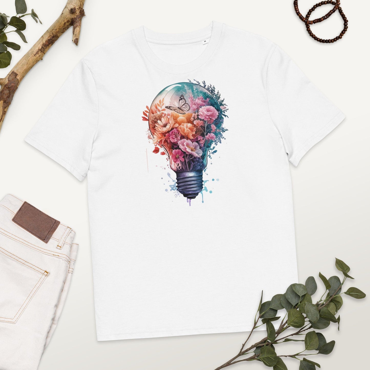 Padres Mágicos Blanco / S Camiseta "Bombilla Floral con Mariposa" 100% Algodón Orgánico - Para Amantes de la Creatividad y la Naturaleza