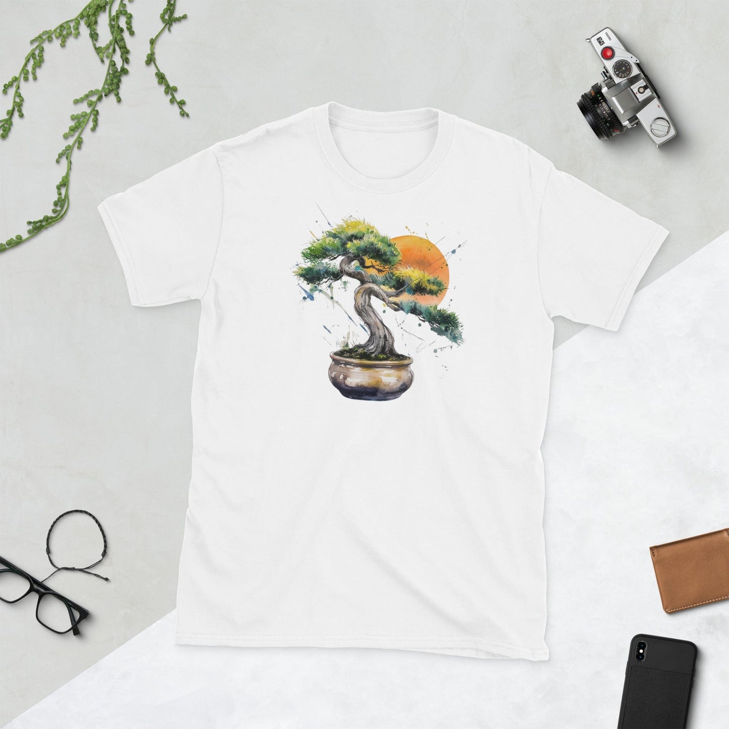 Padres Mágicos Blanco / S Camiseta "Bonsái al Atardecer" - 100% Algodón con Diseño Artístico Estilo Acuarela