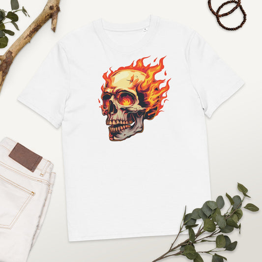 Padres Mágicos Blanco / S Camiseta Calavera Llameante de Algodón Orgánico - Sostenible y Cómoda