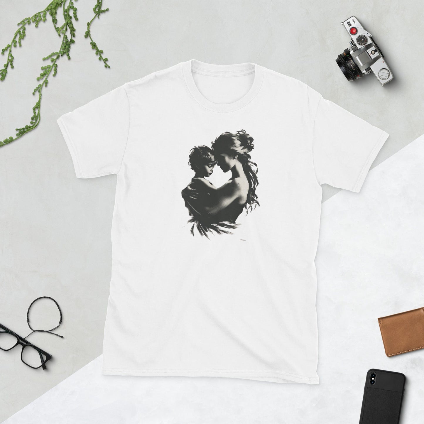 Padres Mágicos Blanco / S Camiseta con Dibujo Artístico de Madre e Hijo - Estilo Minimalista