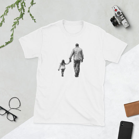 Padres Mágicos Blanco / S Camiseta con Dibujo Artístico de Padre e Hija - Estilo Realista