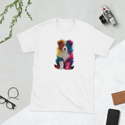 Padres Mágicos Blanco / S Camiseta con Perro Border Collie Arcoíris - Diseño Colorido y Alegre