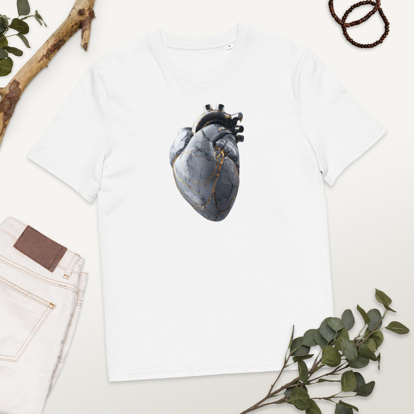 Padres Mágicos Blanco / S Camiseta Corazón de Mármol con Detalles de Oro - Algodón Orgánico