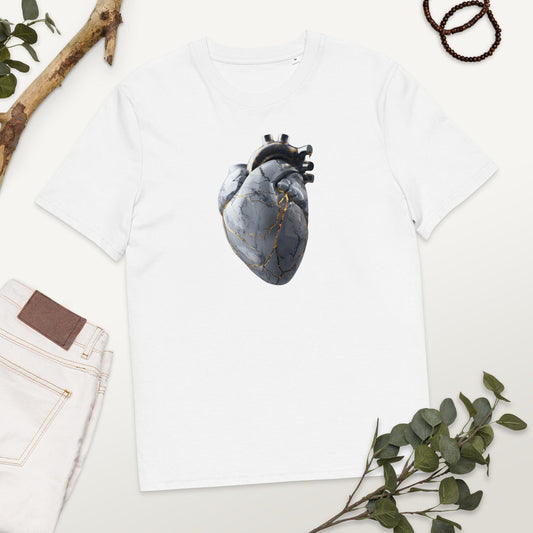 Padres Mágicos Blanco / S Camiseta Corazón de Mármol con Detalles de Oro - Algodón Orgánico