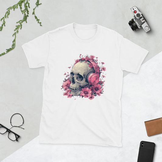 Padres Mágicos Blanco / S Camiseta de Calavera con Auriculares y Flores - Diseño Único y Original