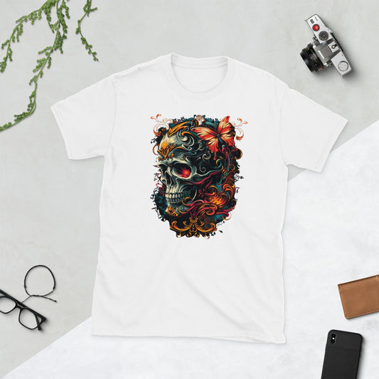 Padres Mágicos Blanco / S Camiseta de Calavera con Mariposa y Arte Barroco - Diseño Elegante y Detallado