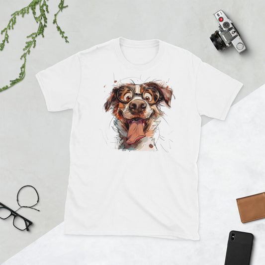 Padres Mágicos Blanco / S Camiseta Divertida de Perro con Gafas – 100% Algodón