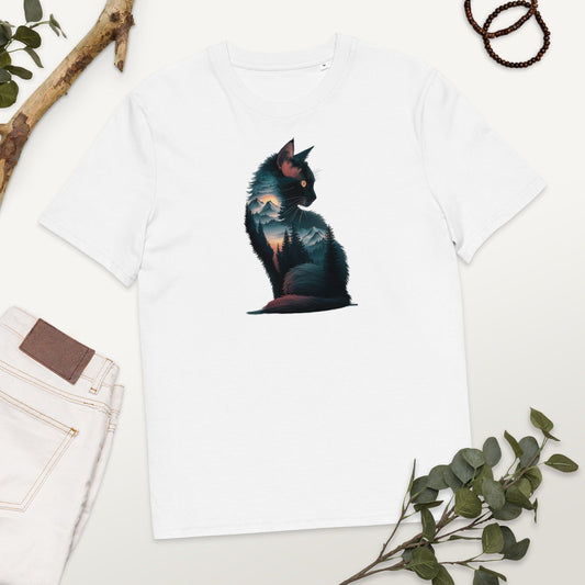 Padres Mágicos Blanco / S Camiseta Gato con Paisaje de Montaña - Algodón Orgánico