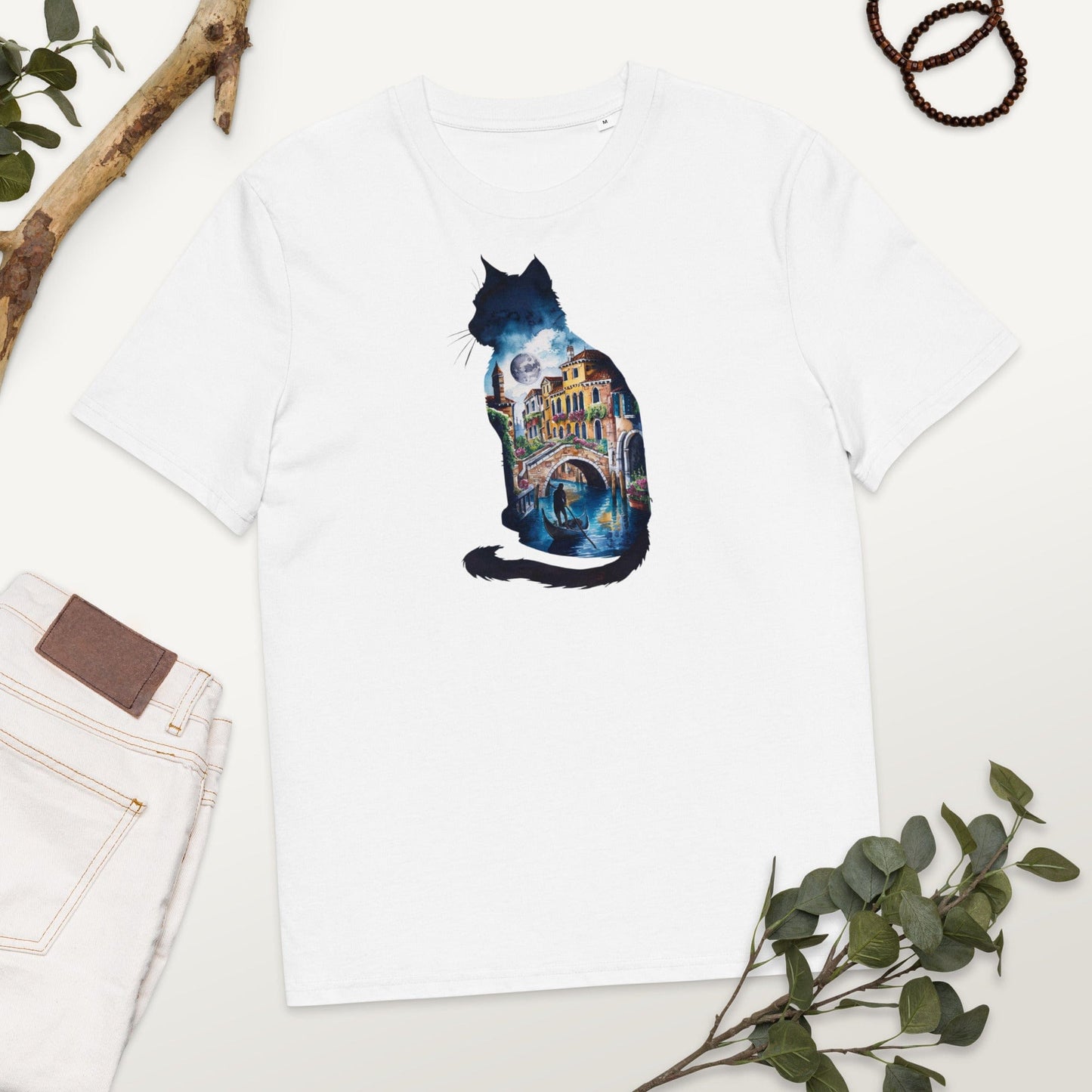 Padres Mágicos Blanco / S Camiseta Gato con Paisaje de Venecia - Algodón Orgánico