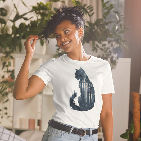 Padres Mágicos Blanco / S Camiseta "Gato del Bosque" - 100% Algodón con Diseño Artístico de Naturaleza