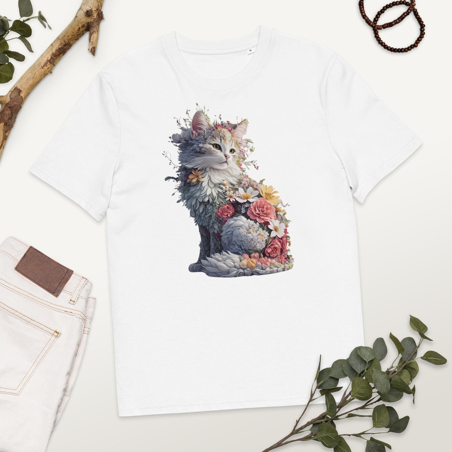 Padres Mágicos Blanco / S Camiseta "Gato Floral Encantado" 100% Algodón Orgánico - Para Amantes del Arte y la Naturaleza