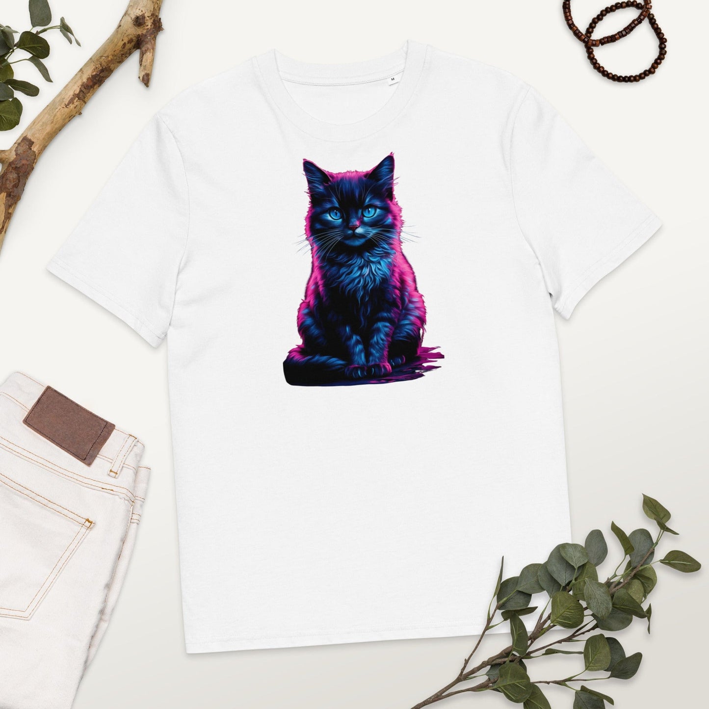 Padres Mágicos Blanco / S Camiseta "Gato Neón Hipnótico" 100% Algodón Orgánico