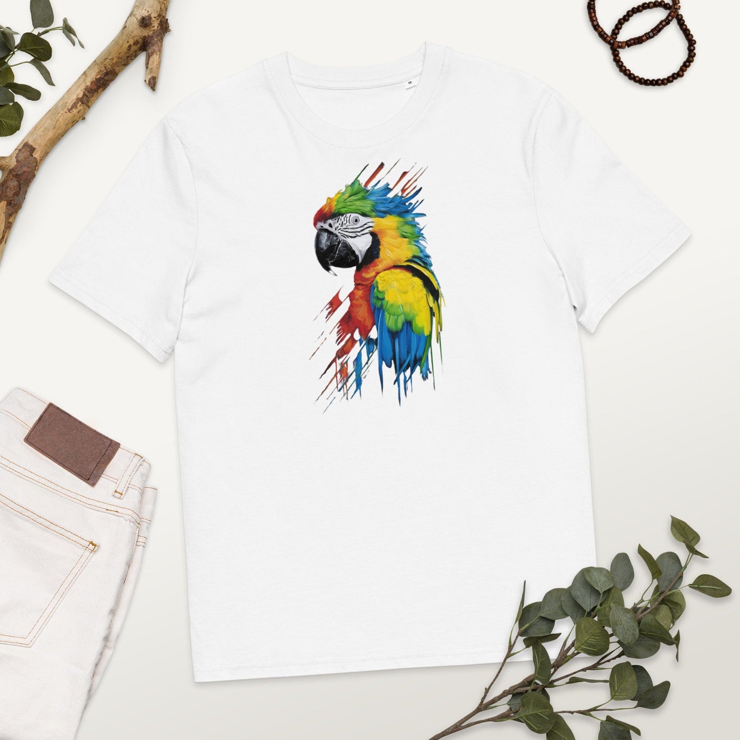 Padres Mágicos Blanco / S Camiseta "Guacamayo de Colores" 100% Algodón Orgánico