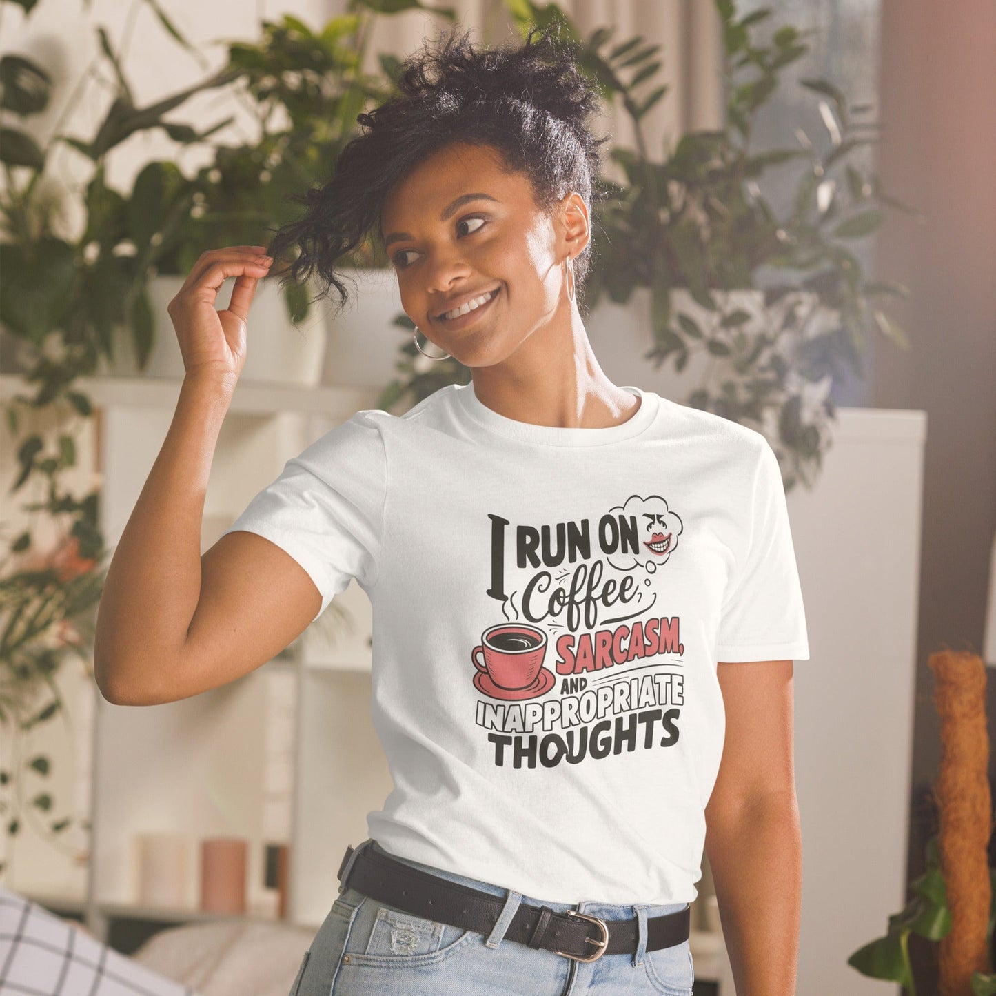 Padres Mágicos Blanco / S Camiseta "I Run on Coffee, Sarcasm, and Inappropriate Thoughts" - 100% Algodón con Diseño Humorístico