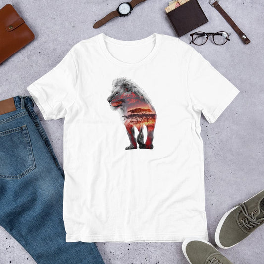 Padres Mágicos Blanco / S Camiseta "León al Atardecer" - Diseño Artístico y Majestuoso