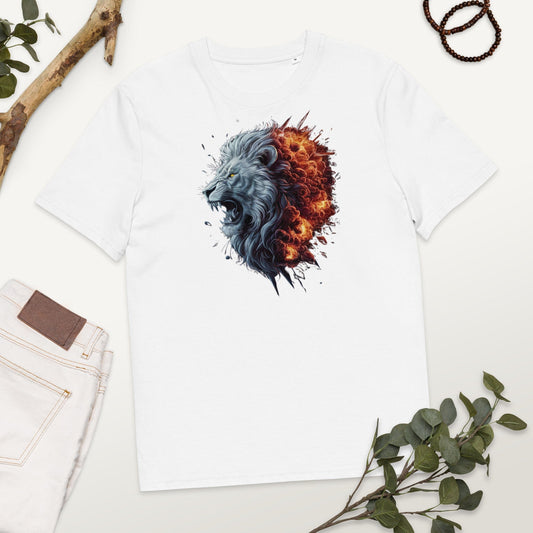 Padres Mágicos Blanco / S Camiseta "León de Fuego" 100% Algodón Orgánico - Para Amantes del Estilo Salvaje