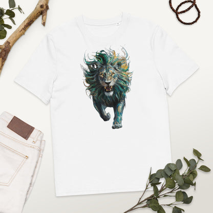 Padres Mágicos Blanco / S Camiseta "León Furia Verde" 100% Algodón Orgánico - Para Amantes de la Fuerza y la Naturaleza