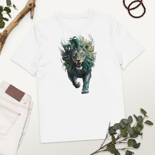 Padres Mágicos Blanco / S Camiseta "León Furia Verde" 100% Algodón Orgánico - Para Amantes de la Fuerza y la Naturaleza