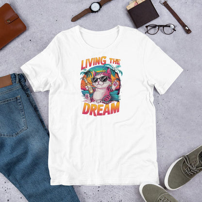 Padres Mágicos Blanco / S Camiseta "Living the Dream" - Diseño de Gato Relajado