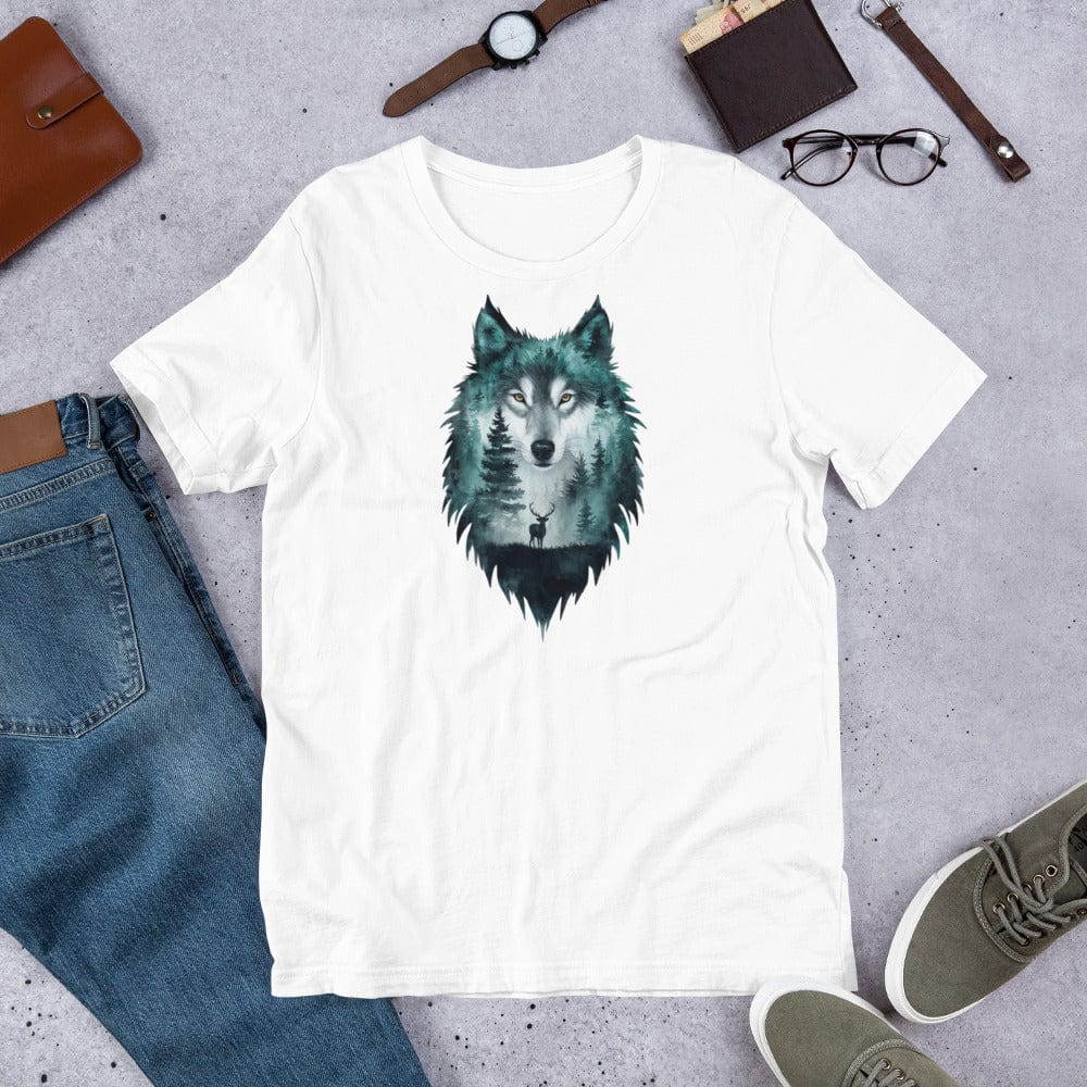 Padres Mágicos Blanco / S Camiseta "Lobo y Bosque" - Diseño Artístico y Salvaje