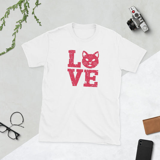 Padres Mágicos Blanco / S Camiseta Love con Gato - Diseño Tierno y Minimalista