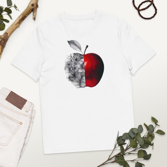 Padres Mágicos Blanco / S Camiseta "Manzana Floral Contrastada" 100% Algodón Orgánico - Para Amantes del Arte y la Naturaleza