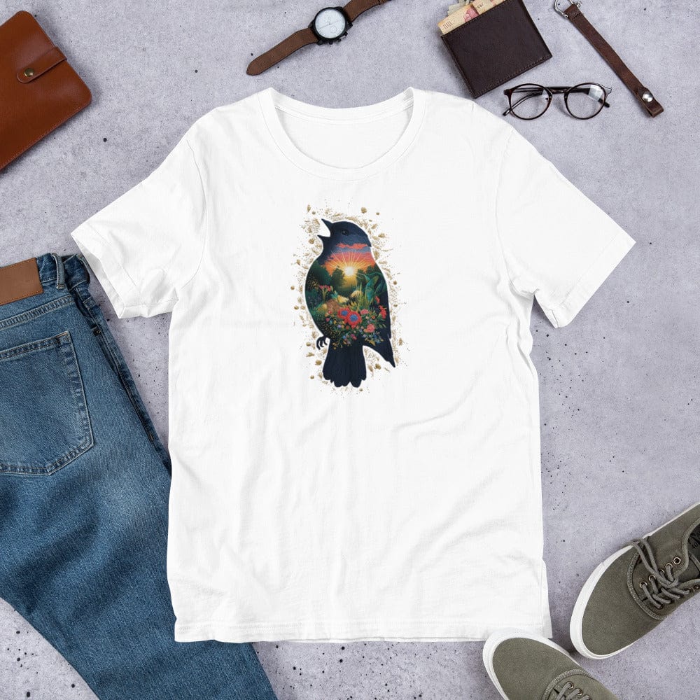 Padres Mágicos Blanco / S Camiseta "Pájaro del Amanecer" de algodón suave - Para los amantes de la naturaleza y la serenidad