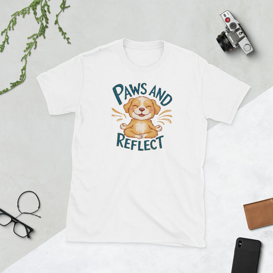 Padres Mágicos Blanco / S Camiseta "Paws and Reflect" - 100% Algodón con Diseño de Perro Meditando