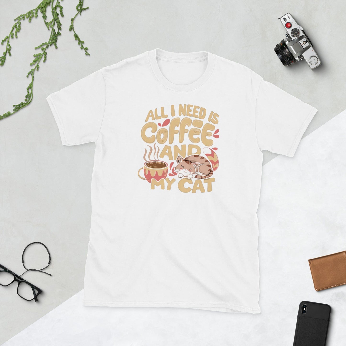 Padres Mágicos Blanco / S Camiseta "Todo lo que necesito es café y mi gato" - 100% Algodón para Amantes de Gatos