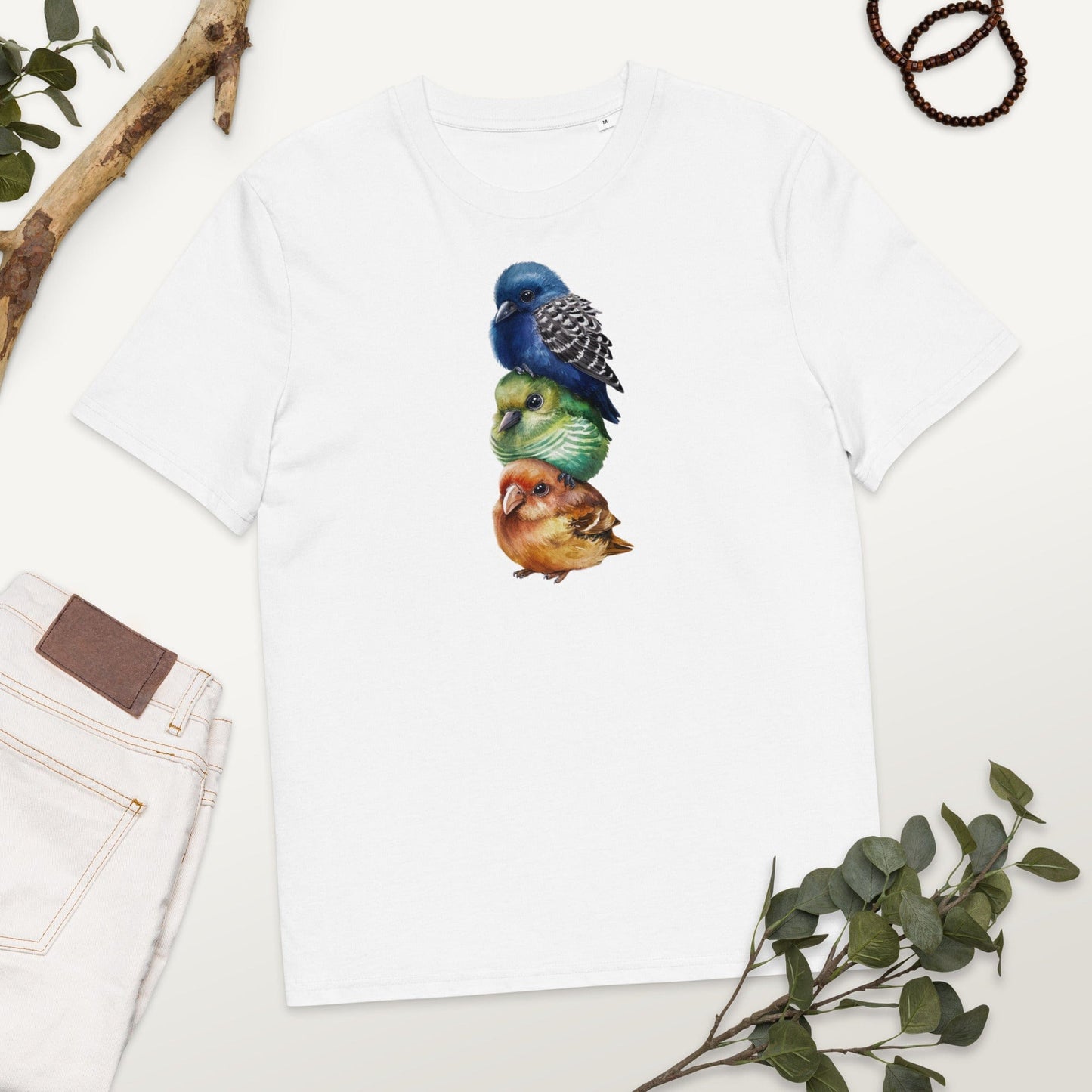 Padres Mágicos Blanco / S Camiseta Tres Pajaritos Coloridos - Algodón Orgánico