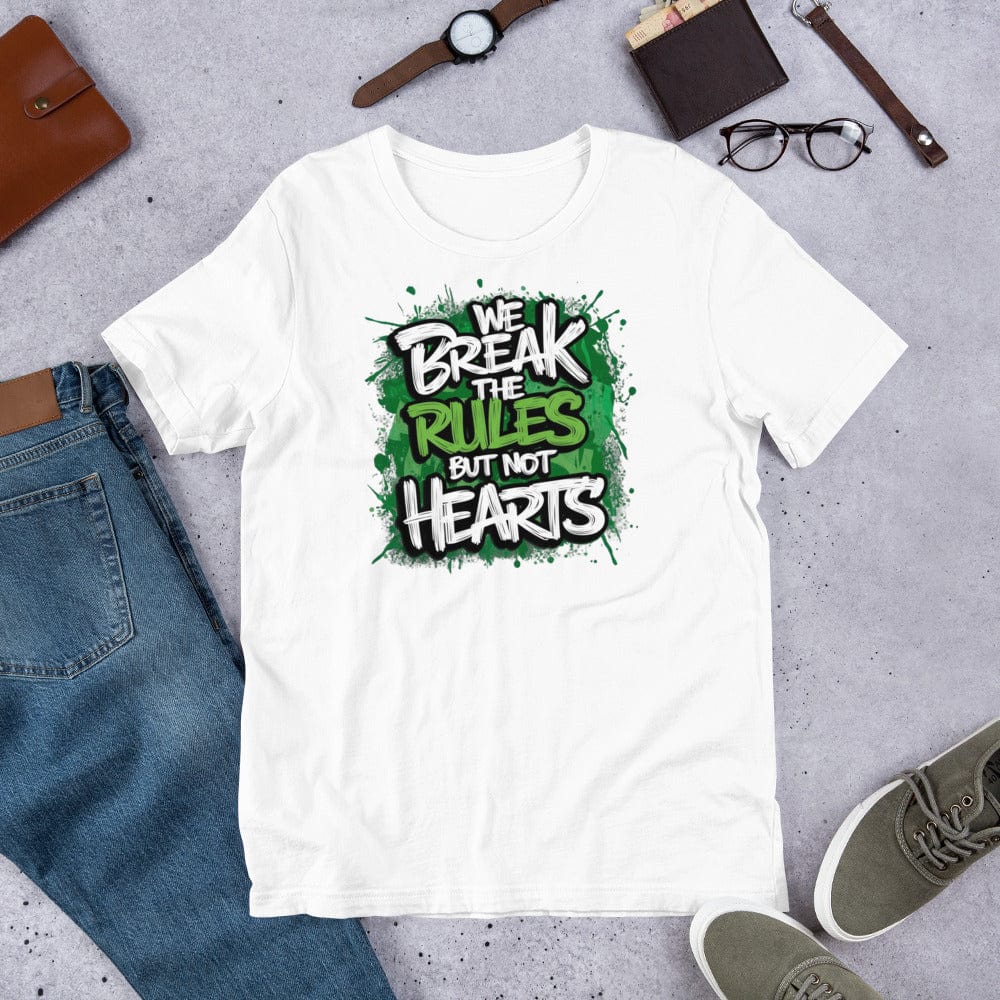 Padres Mágicos Blanco / S Camiseta "We Break the Rules but Not Hearts" - Diseño Rebelde y Divertido