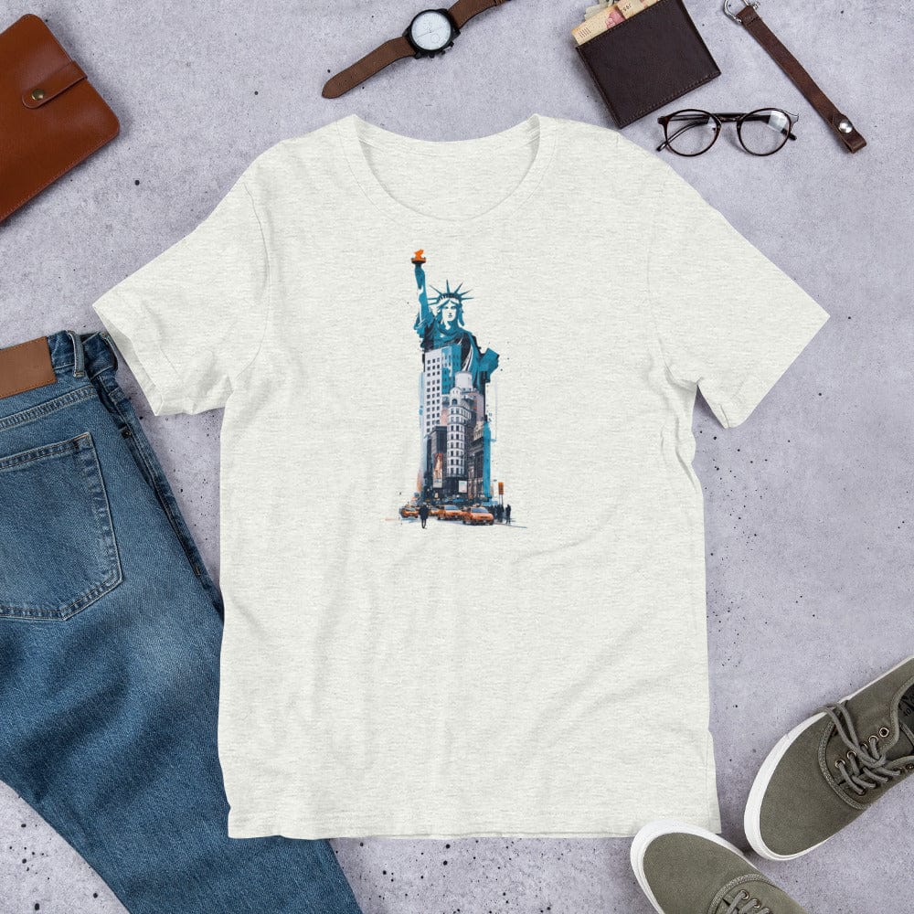 Padres Mágicos Ceniza / S Camiseta Artística "Estatua de la Libertad en la Ciudad" - Diseño Urbano