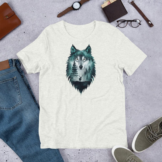 Padres Mágicos Ceniza / S Camiseta "Lobo y Bosque" - Diseño Artístico y Salvaje