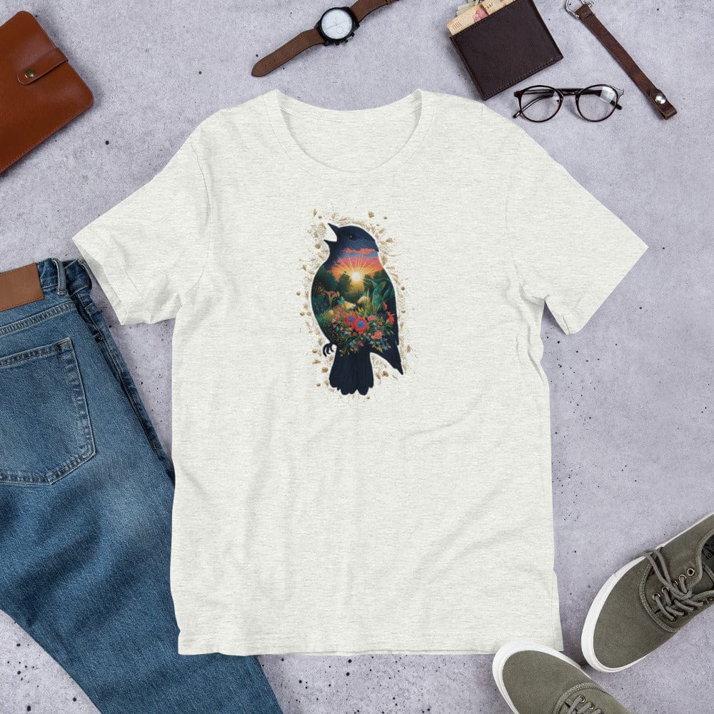 Padres Mágicos Ceniza / S Camiseta "Pájaro del Amanecer" de algodón suave - Para los amantes de la naturaleza y la serenidad