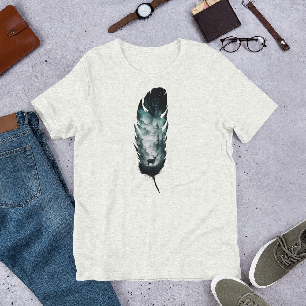 Padres Mágicos Ceniza / S Camiseta "Pluma y Bosque" - Diseño Artístico y Natural