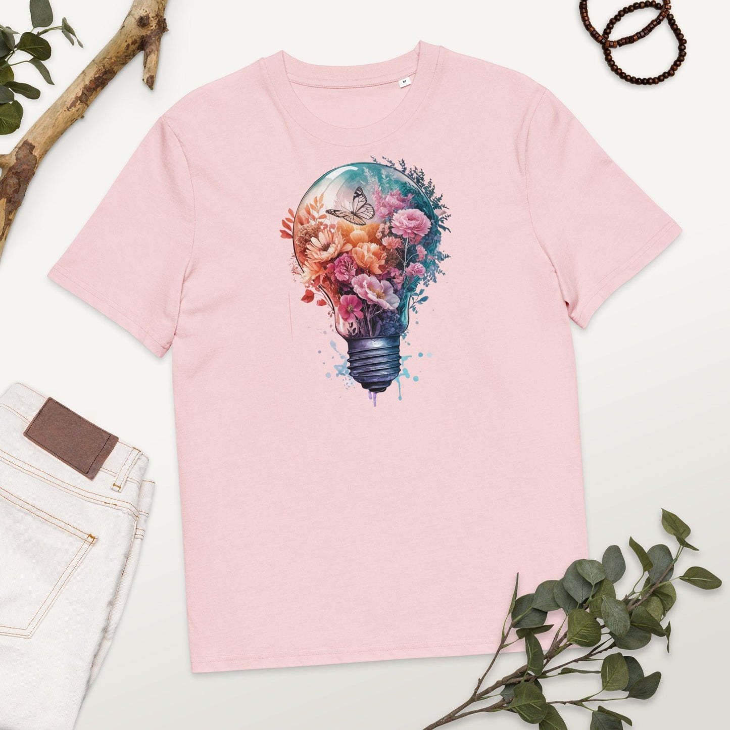 Padres Mágicos Cotton Pink / S Camiseta "Bombilla Floral con Mariposa" 100% Algodón Orgánico - Para Amantes de la Creatividad y la Naturaleza