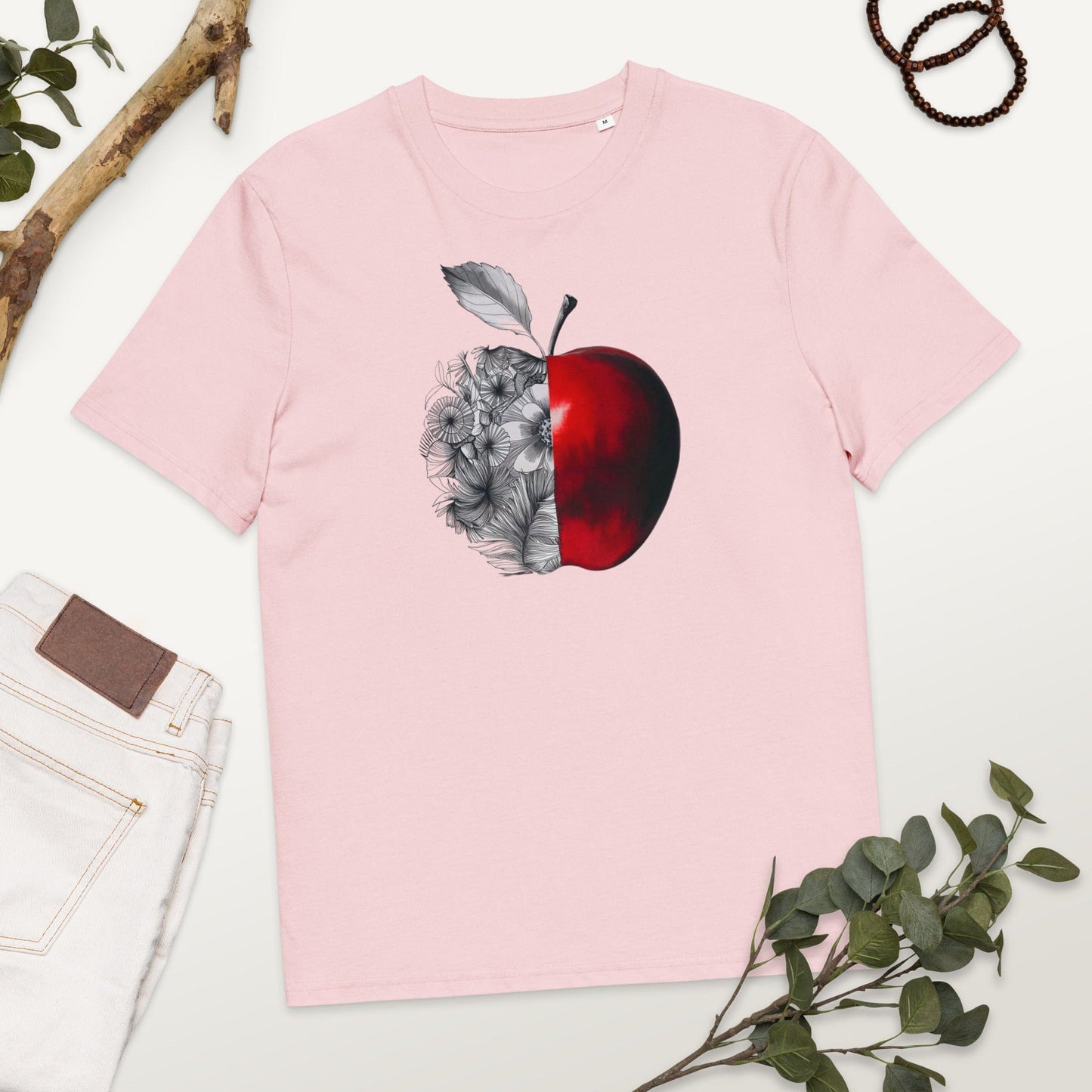 Padres Mágicos Cotton Pink / S Camiseta "Manzana Floral Contrastada" 100% Algodón Orgánico - Para Amantes del Arte y la Naturaleza