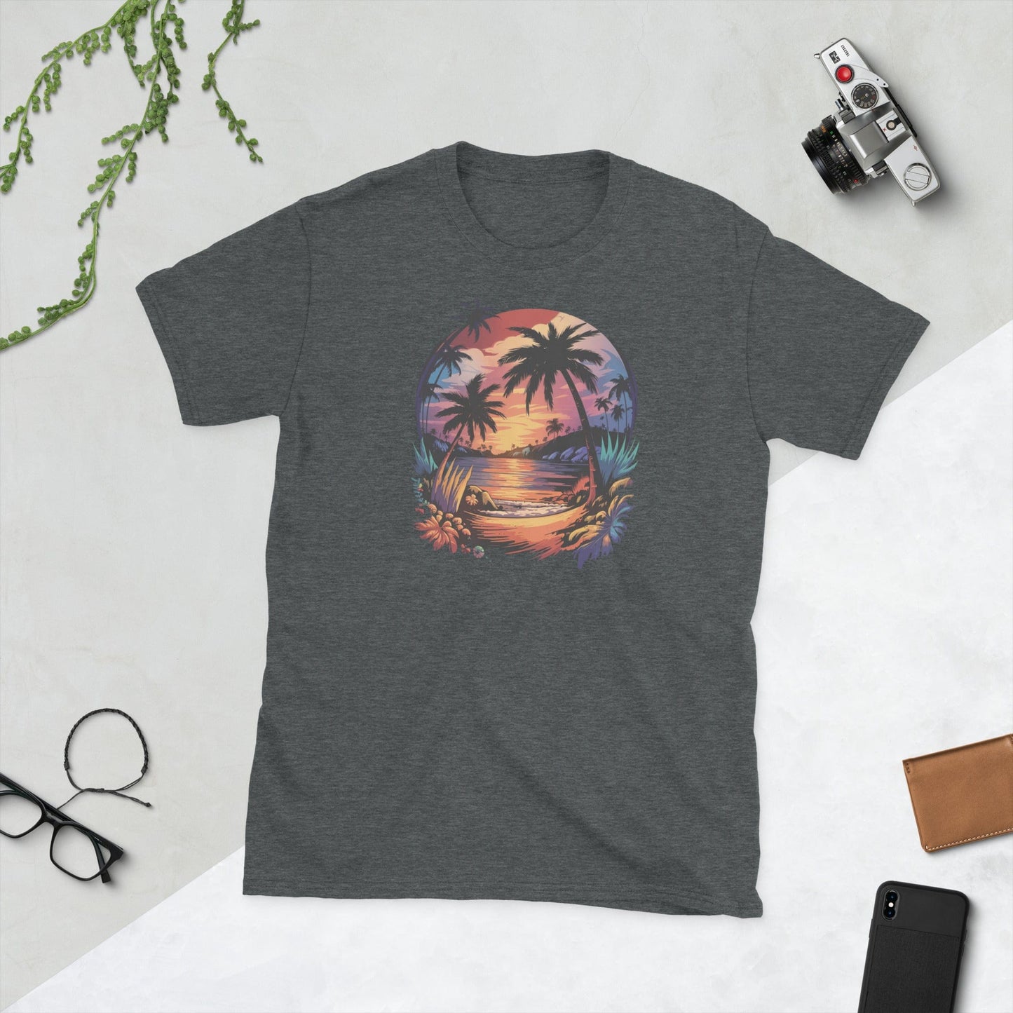 Padres Mágicos Dark Heather / S Camiseta "Paraíso Tropical" - 100% Algodón con Diseño de Atardecer Exótico