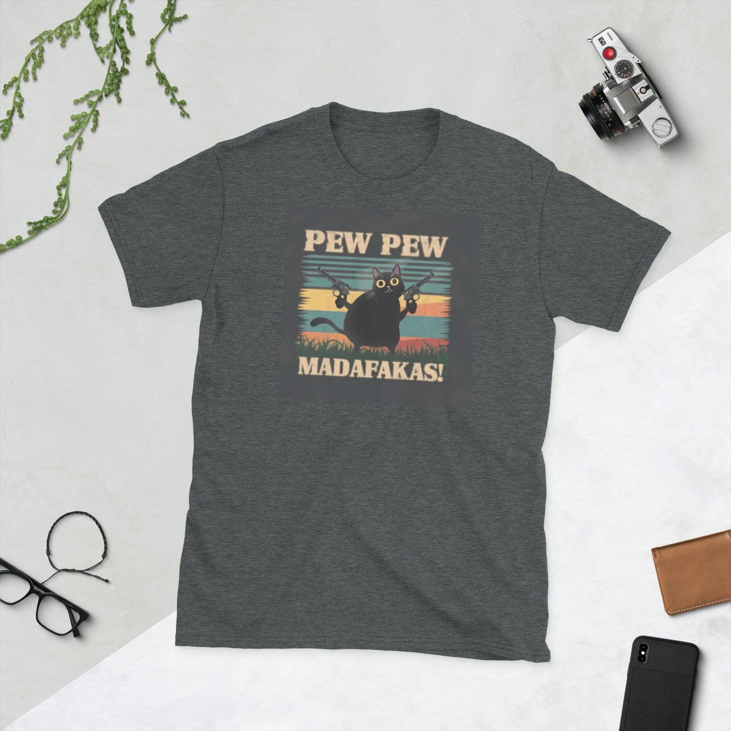 Padres Mágicos Dark Heather / S Camiseta "Pew Pew Madafakas" - 100% Algodón con Diseño Divertido de Gato