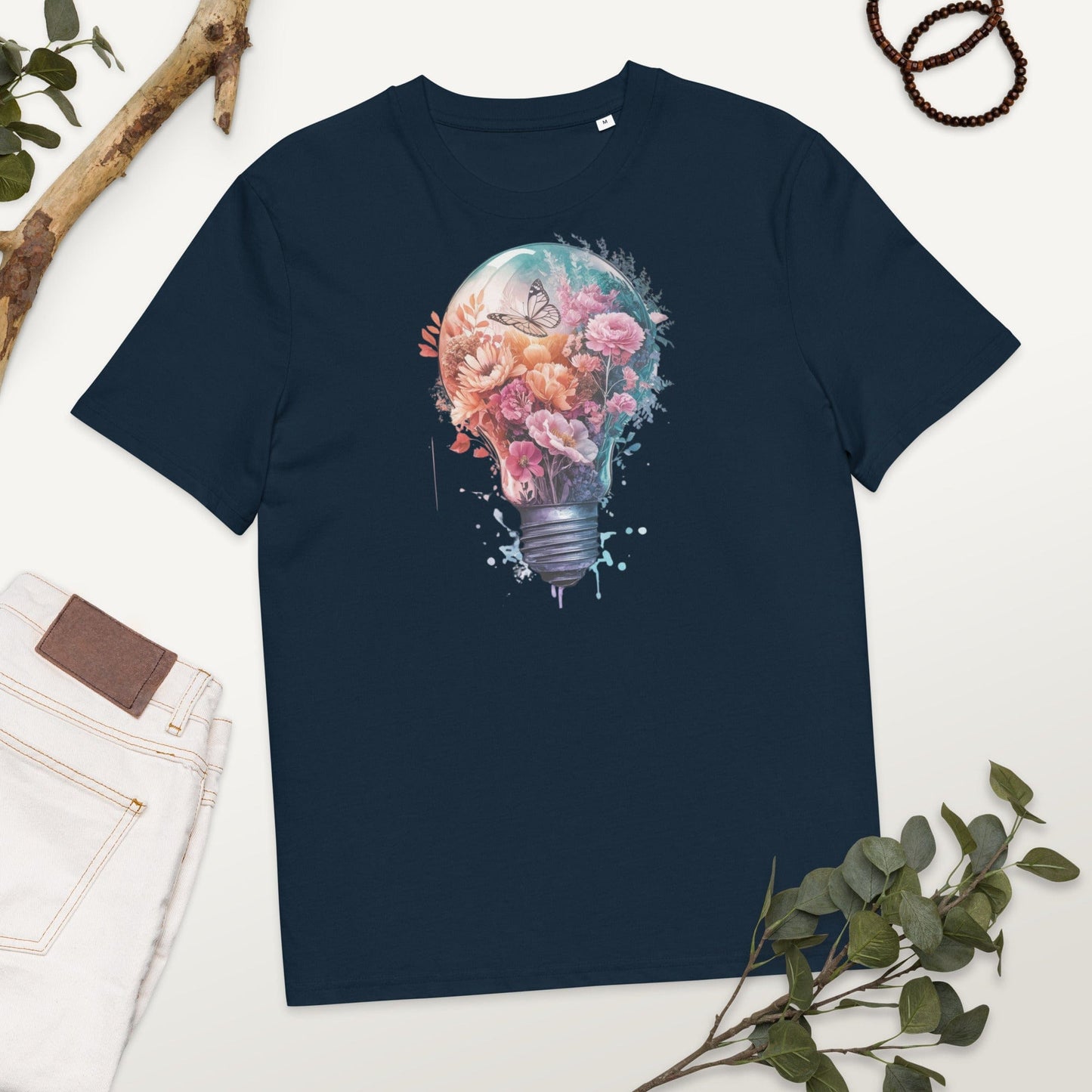 Padres Mágicos French Navy / S Camiseta "Bombilla Floral con Mariposa" 100% Algodón Orgánico - Para Amantes de la Creatividad y la Naturaleza