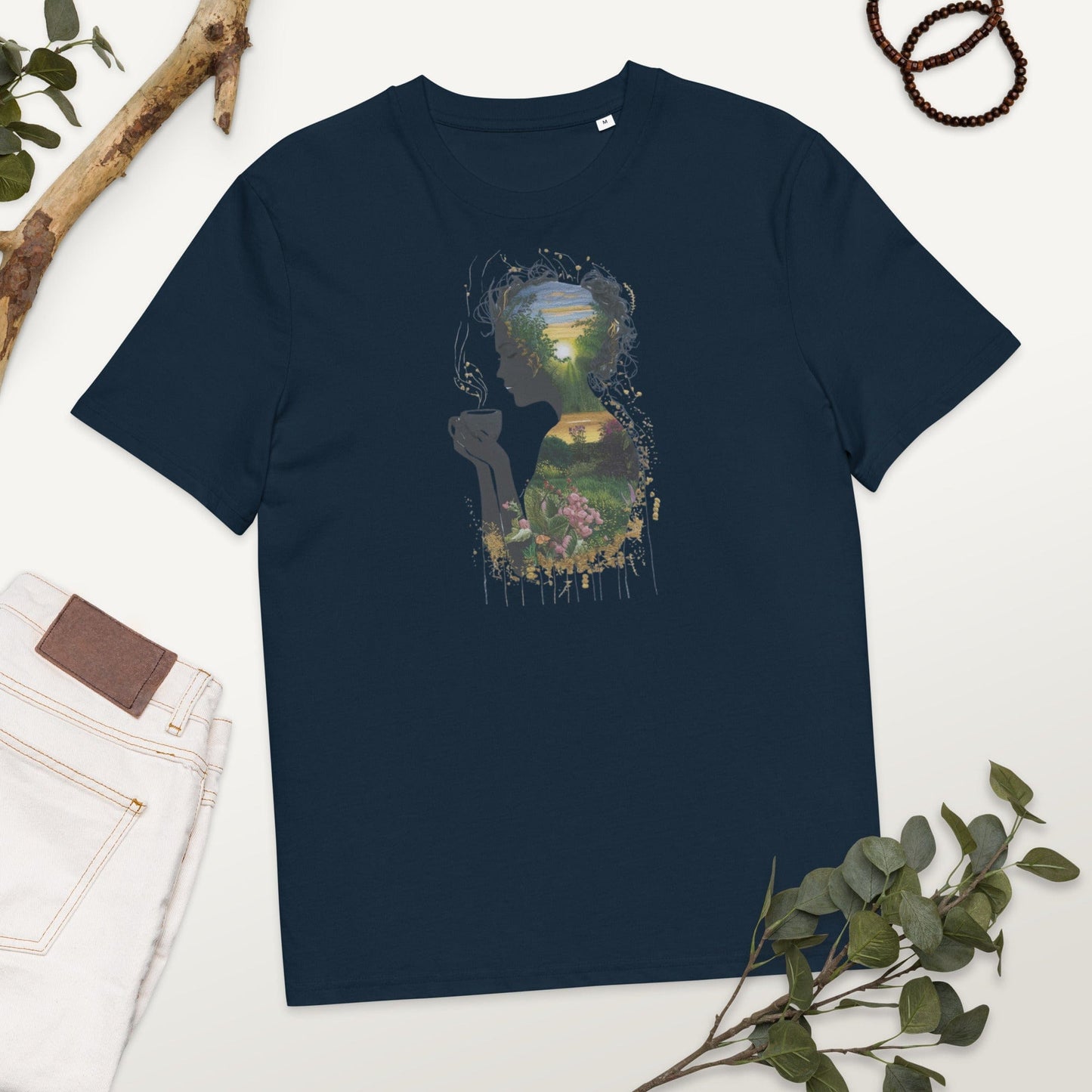 Padres Mágicos French Navy / S Camiseta Silueta Mujer con Té y Paisaje - Algodón Orgánico