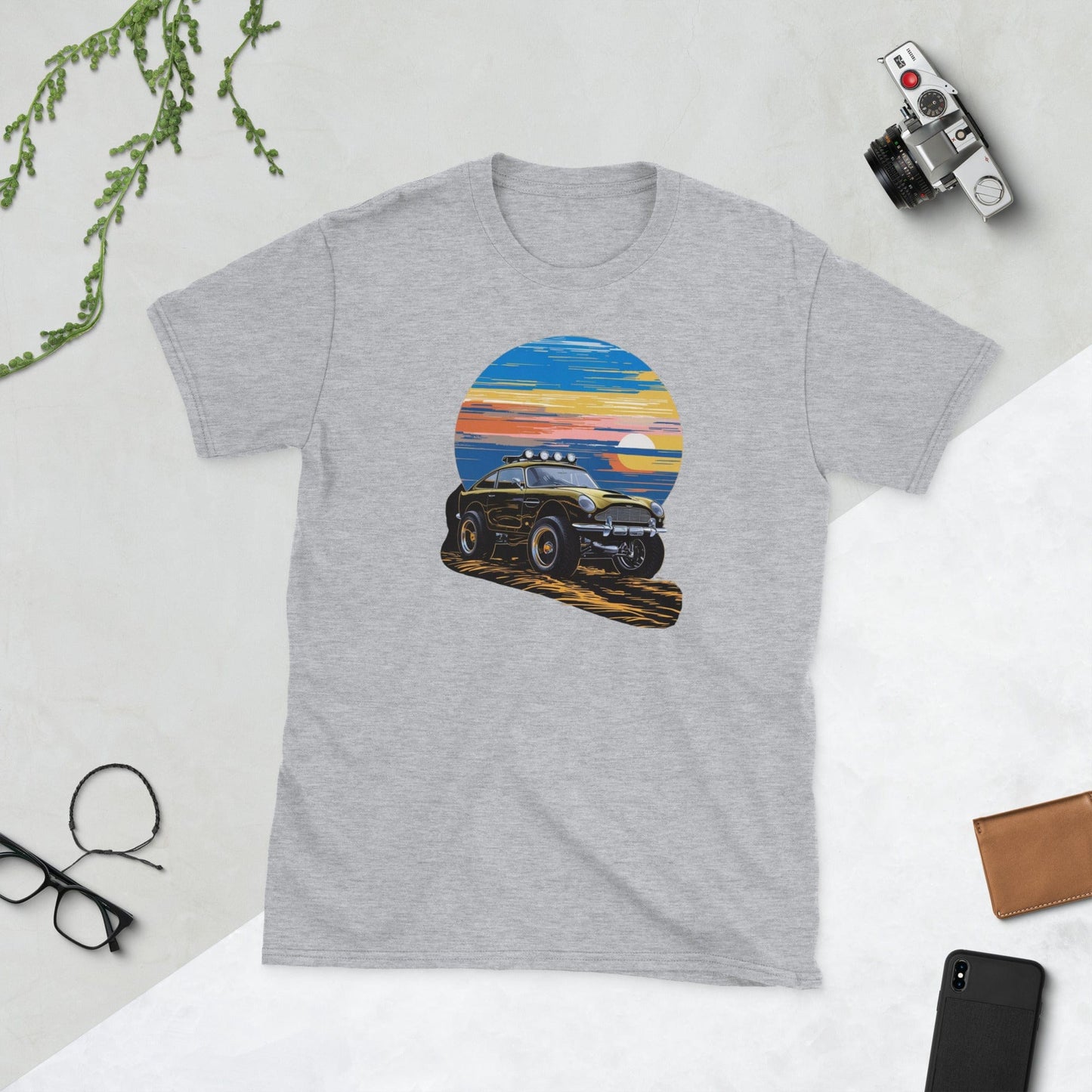 Padres Mágicos Gris deportivo / S Camiseta "Aventura en el Atardecer" - Arte Retro en 100% Algodón para Amantes de los Coches