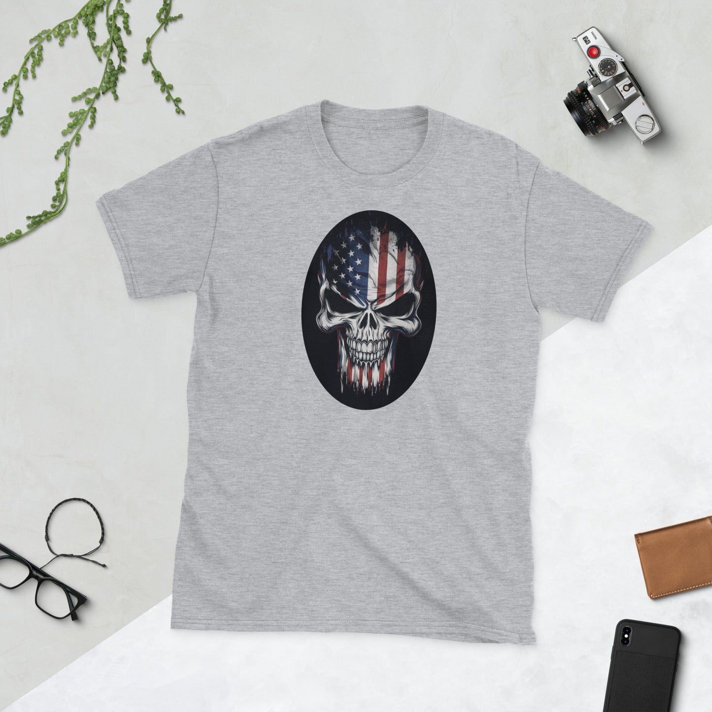 Padres Mágicos Gris deportivo / S Camiseta Calavera con Bandera USA - Diseño Sarcástico y Crítico