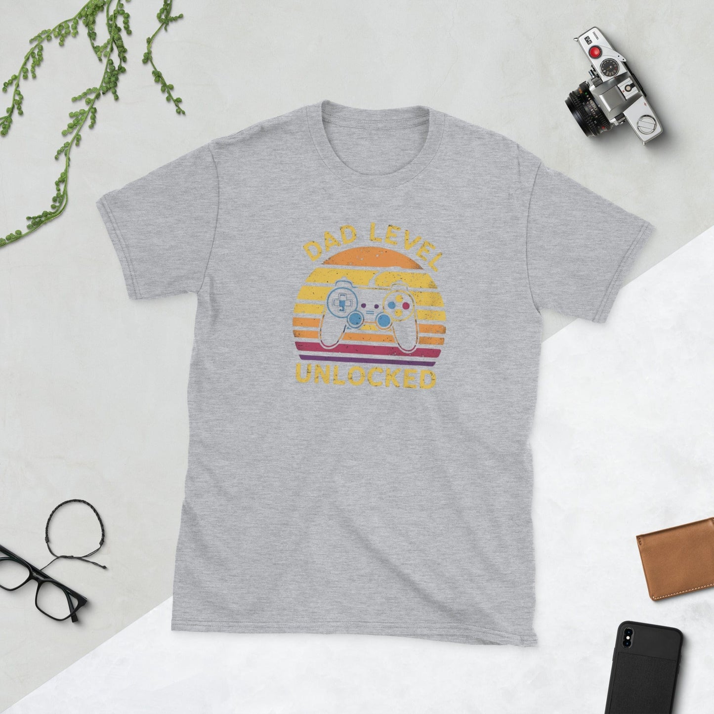 Padres Mágicos Gris deportivo / S Camiseta Dad Level Unlocked - Diseño Retro para Papás Gamers