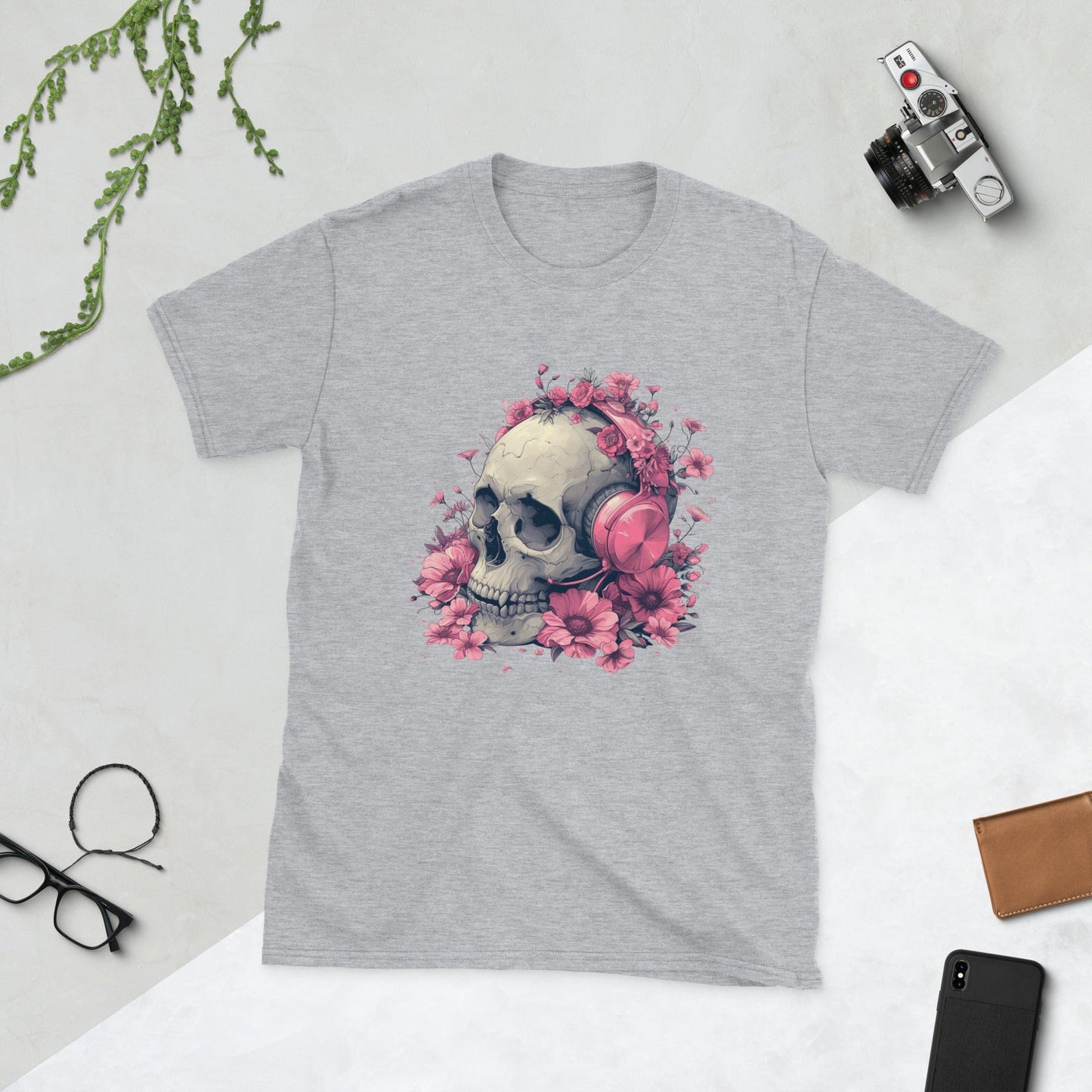 Padres Mágicos Gris deportivo / S Camiseta de Calavera con Auriculares y Flores - Diseño Único y Original