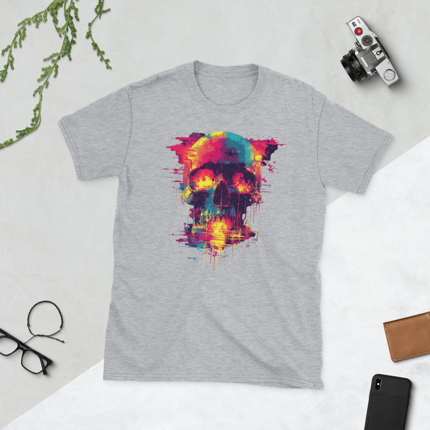 Padres Mágicos Gris deportivo / S Camiseta de Calavera Neón con Arte Digital - Diseño Impactante y Colorido